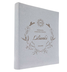 Album tradycyjny 60 czarnych stron Linen Ash szary, personalizacja Komunia Św.