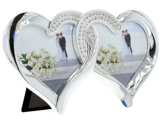 Ramka na dwa zdjęcia 8x8 srebrna Serca metalowa