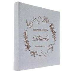 Album tradycyjny 100 stron ecru Linen Ash szary, personalizacja Chrzest Św