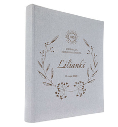 Album tradycyjny 100 stron ecru Linen Ash szary, personalizacja Komunia Św.
