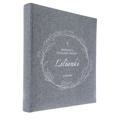 Album tradycyjny 100 stron czarnych Linen Grey, personalizacja Komunia Św.